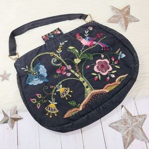 Vintage floral embroidered shoulder bag black rainbow birds flowers vines